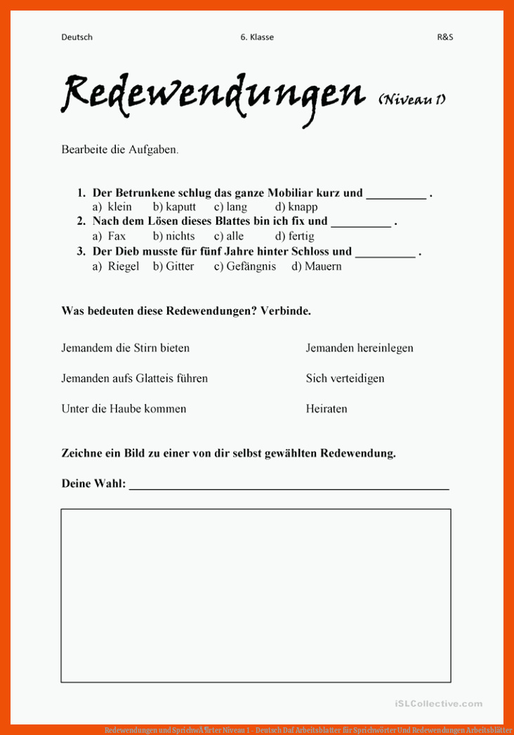 Redewendungen und SprichwÃ¶rter Niveau 1 - Deutsch Daf Arbeitsblatter für sprichwörter und redewendungen arbeitsblätter