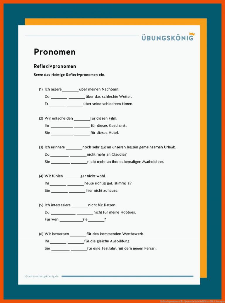 Reflexivpronomen für spanisch arbeitsblätter mit lösungen