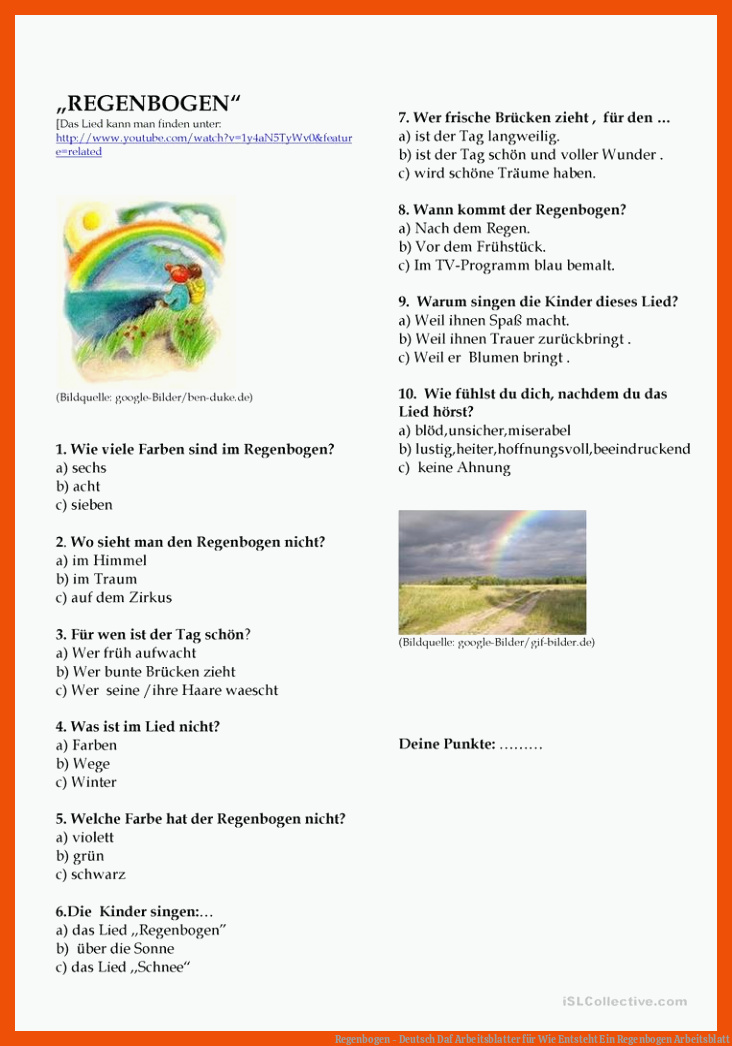 Regenbogen - Deutsch Daf Arbeitsblatter für wie entsteht ein regenbogen arbeitsblatt