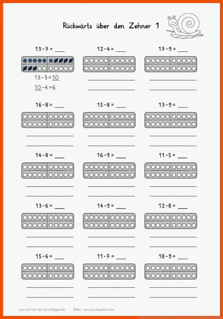 Reif FÃ¼r Die Ferien: RÃ¼ckwÃ¤rts Ã¼ber Den Zehner Fuer Zehner Und Einer Arbeitsblatt