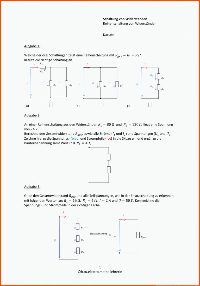 Reihenschaltung von WiderstÃ¤nden INKL. LÃ¶sung | Mathe tricks ... für reihen und parallelschaltung arbeitsblatt