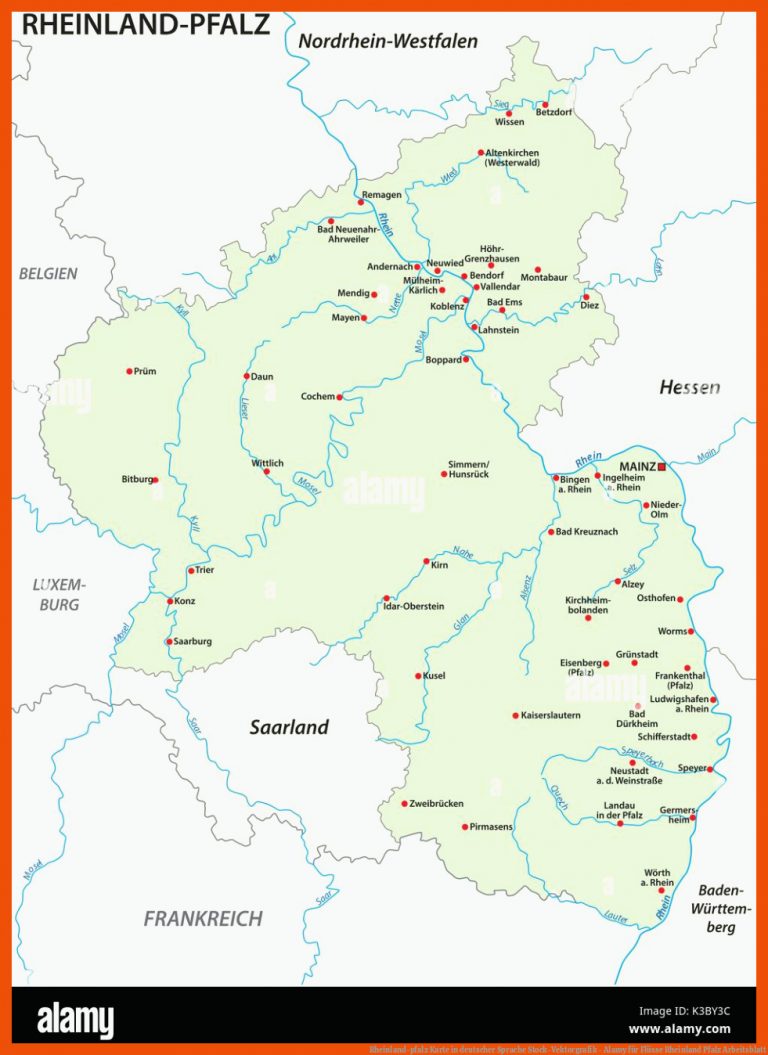 Rheinland-pfalz Karte In Deutscher Sprache Stock-vektorgrafik - Alamy Fuer Flüsse Rheinland Pfalz Arbeitsblatt