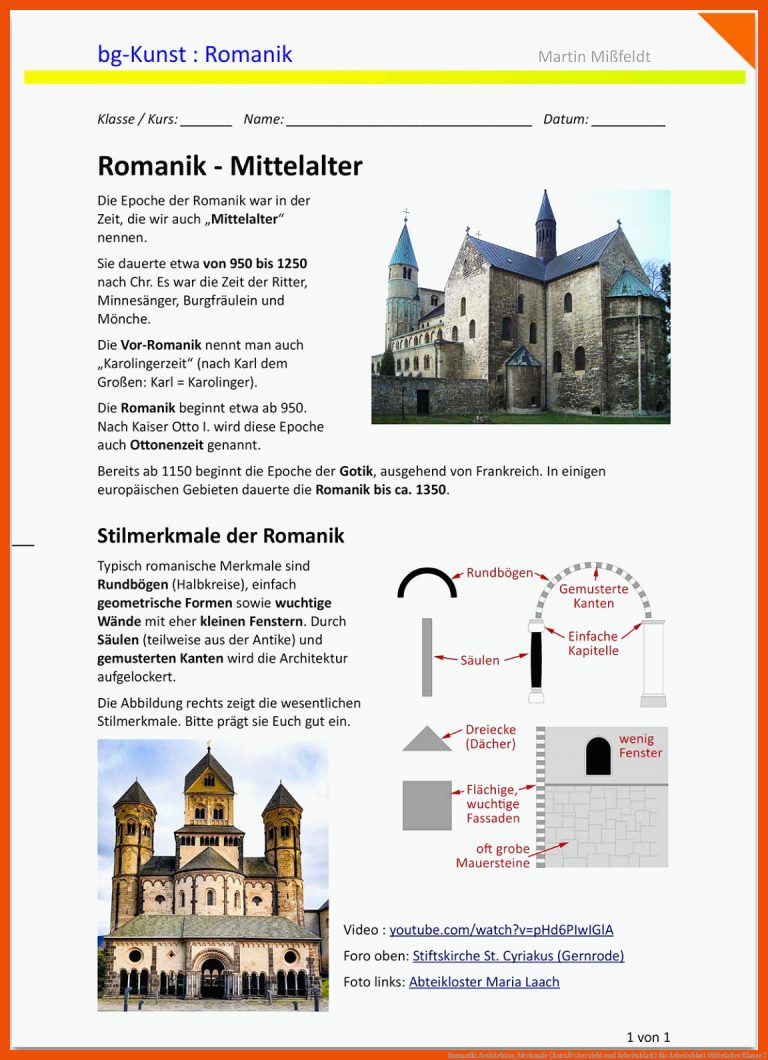 Romanik: Architektur, Merkmale (KurzÃ¼bersicht und Arbeitsblatt) für arbeitsblatt mittelalter klasse 7