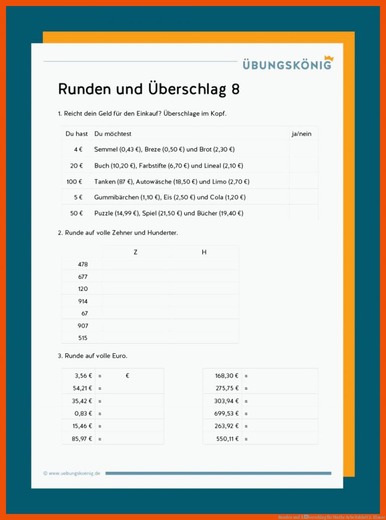 Runden und Ãberschlag für mathe arbeitsblatt 2. klasse