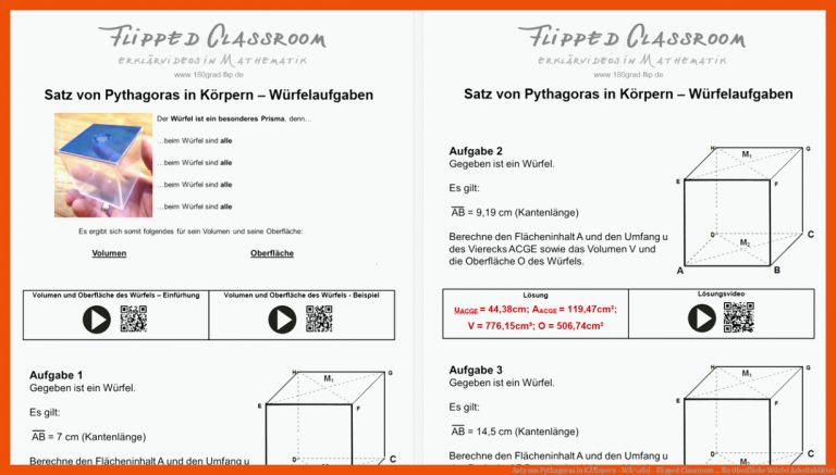 Satz von Pythagoras in KÃ¶rpern - WÃ¼rfel - Flipped Classroom ... für oberfläche würfel arbeitsblätter