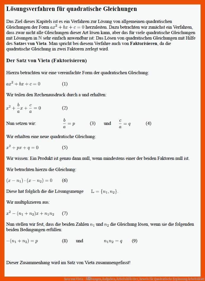 Satz von Vieta - Ãbungen, Aufgaben, ArbeitsblÃ¤tter, Beweis für quadratische ergänzung arbeitsblatt