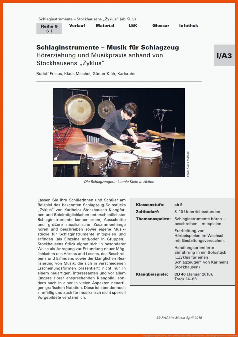 Schlaginstrumente (mit 50 MP3-Dateien) anhand von Stockhausens ... für schlaginstrumente arbeitsblatt