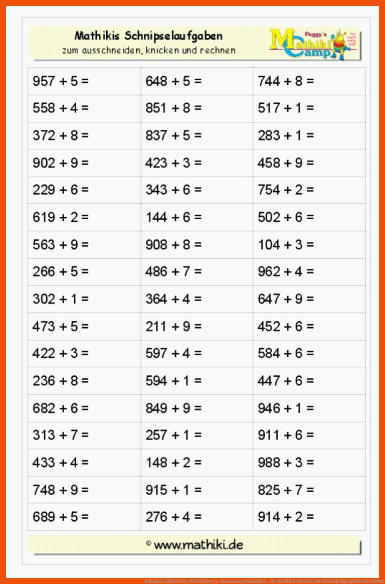 Schnipsel: Addition bis 1000 (Klasse 3) - kostenloses Arbeitsblatt ... für schriftliche division durch dreistellige zahlen arbeitsblatt