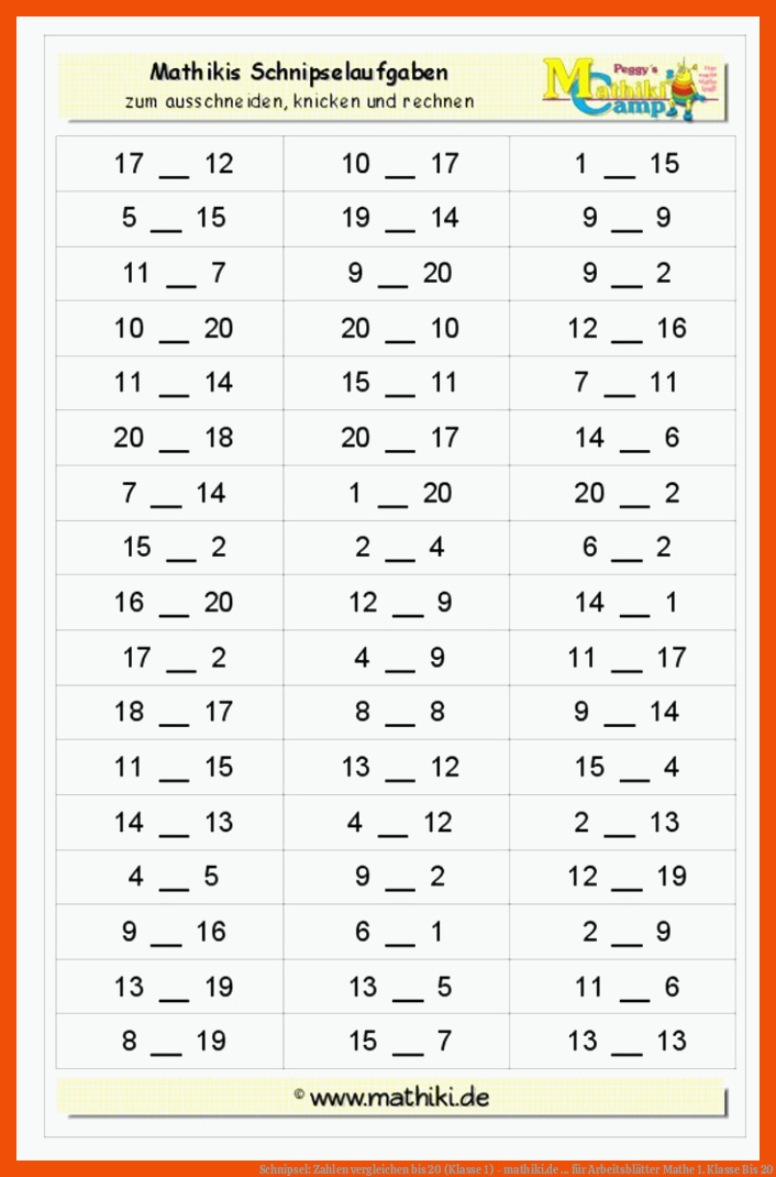 Schnipsel: Zahlen vergleichen bis 20 (Klasse 1) - mathiki.de ... für arbeitsblätter mathe 1. klasse bis 20