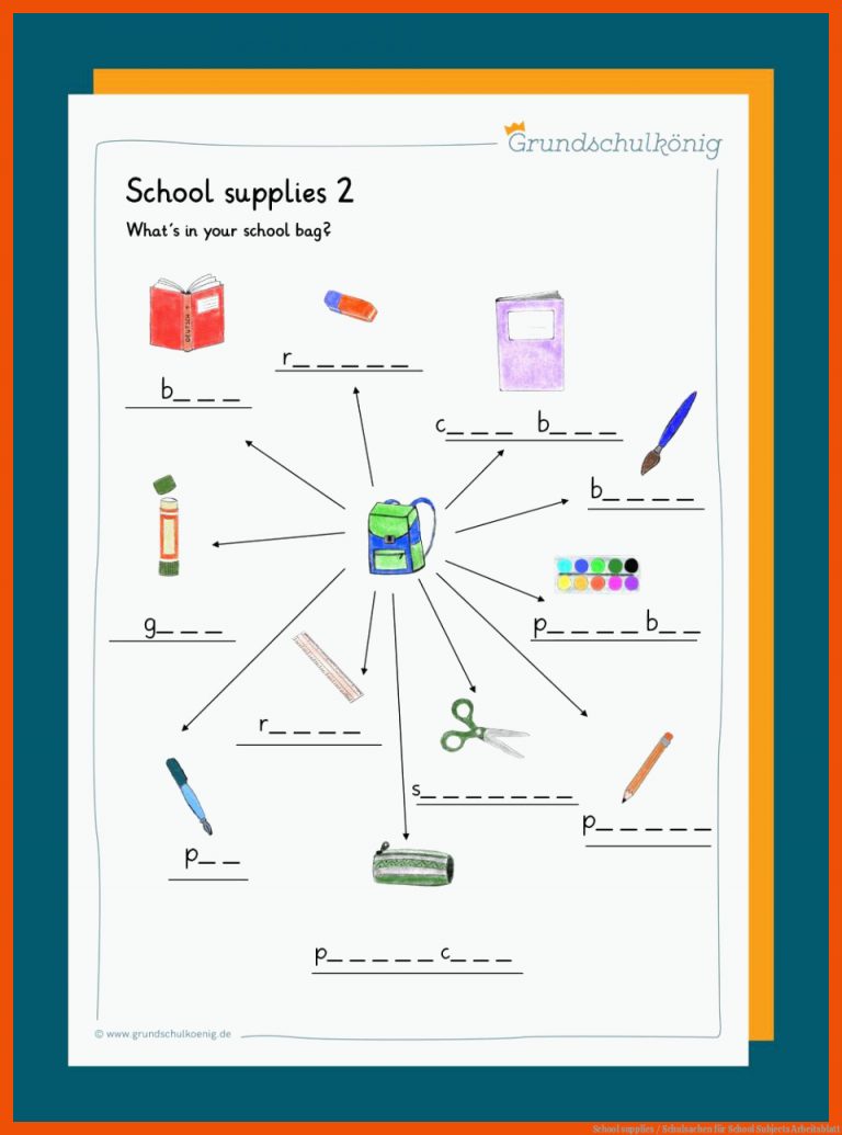 School supplies / Schulsachen für school subjects arbeitsblatt