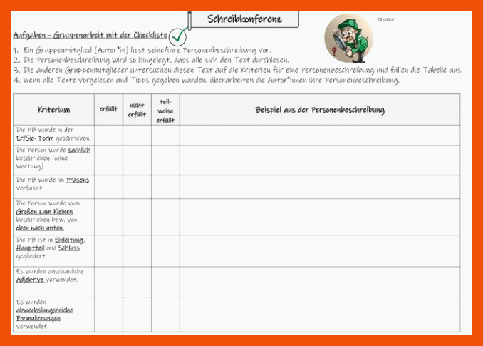 Schreibkonferenz: Personenbeschreibung - Text auf Kriterien untersuchen â Unterrichtsmaterial im Fach Deutsch für schreibkonferenz arbeitsblatt