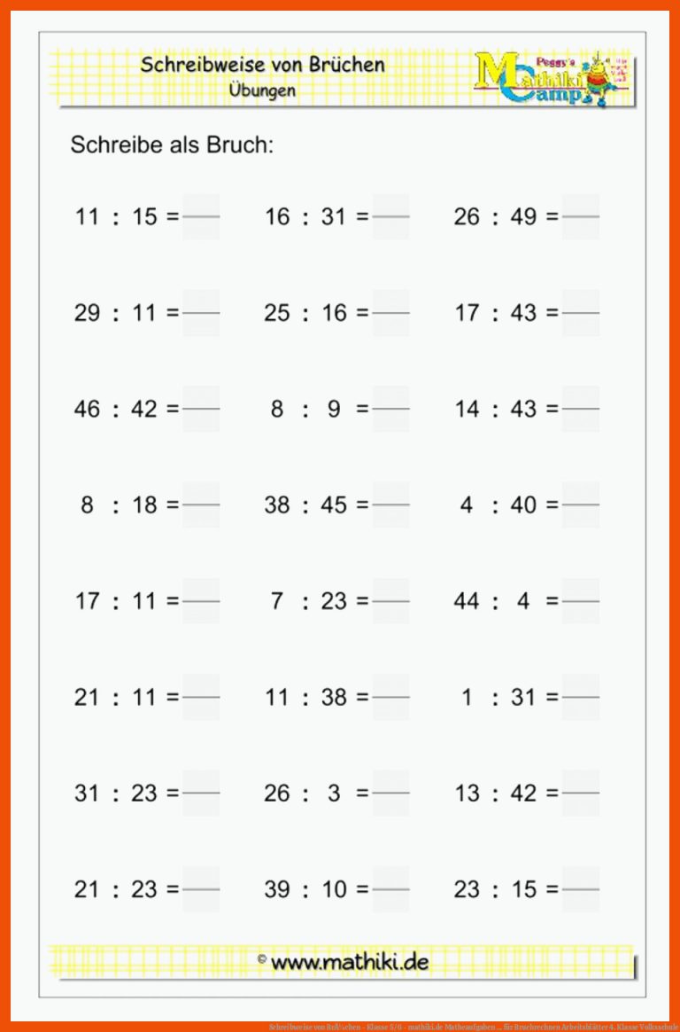 Schreibweise Von BrÃ¼chen - Klasse 5/6 - Mathiki.de Matheaufgaben ... Fuer Bruchrechnen Arbeitsblätter 4. Klasse Volksschule