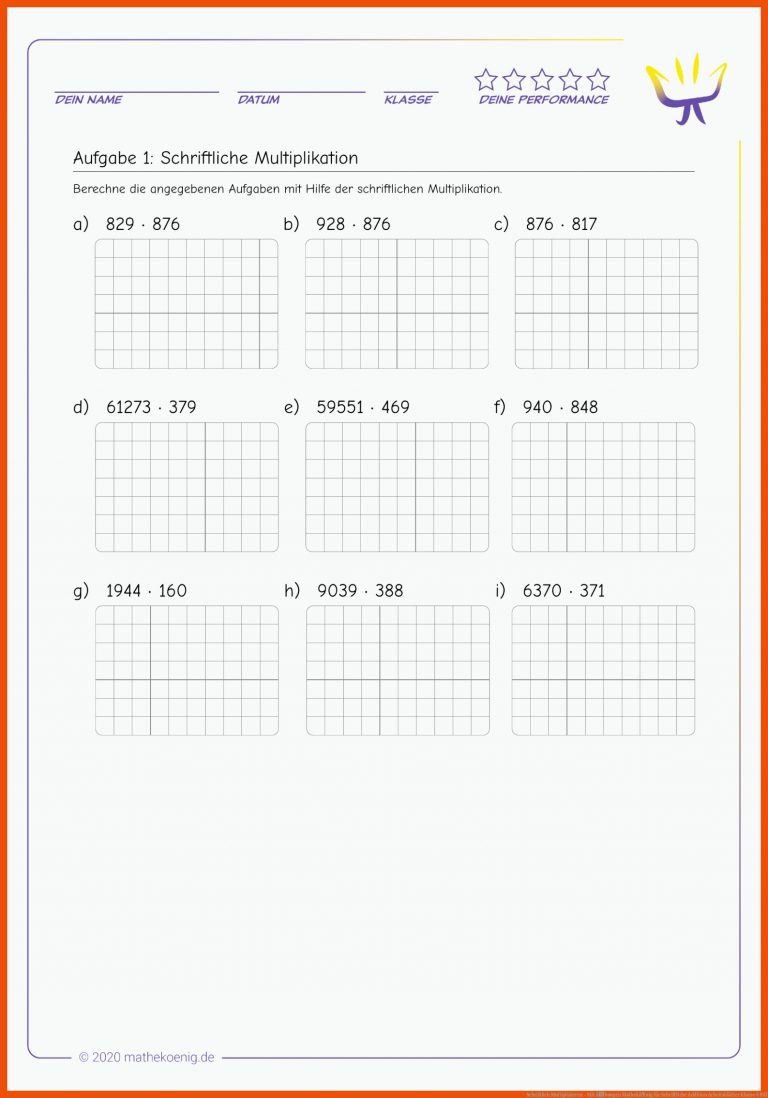 Schriftlich Multiplizieren - Mit Ãbungen | MathekÃ¶nig für schriftliche addition arbeitsblätter klasse 5 pdf