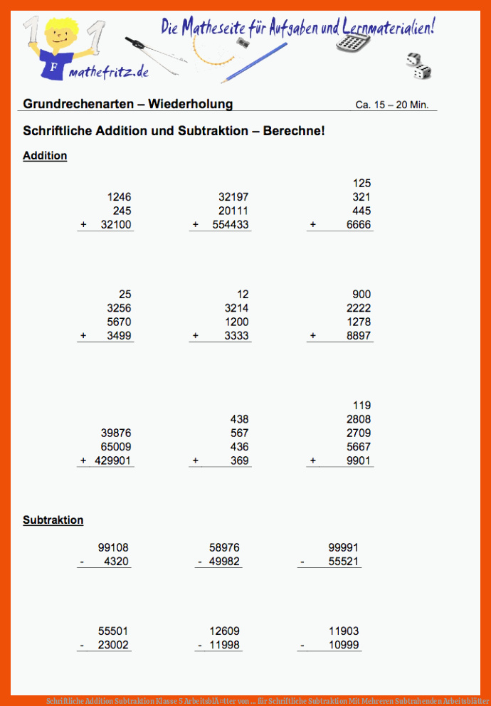 Schriftliche Addition Subtraktion Klasse 5 | ArbeitsblÃ¤tter von ... für schriftliche subtraktion mit mehreren subtrahenden arbeitsblätter