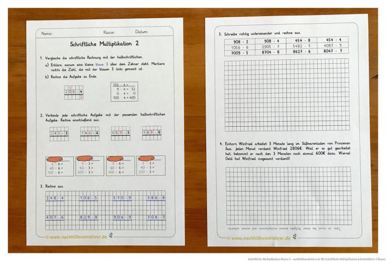 Schriftliche Multiplikation Klasse 4 - nachhilfevomlehrer.de für Schriftliche Multiplikation Arbeitsblätter 5 Klasse