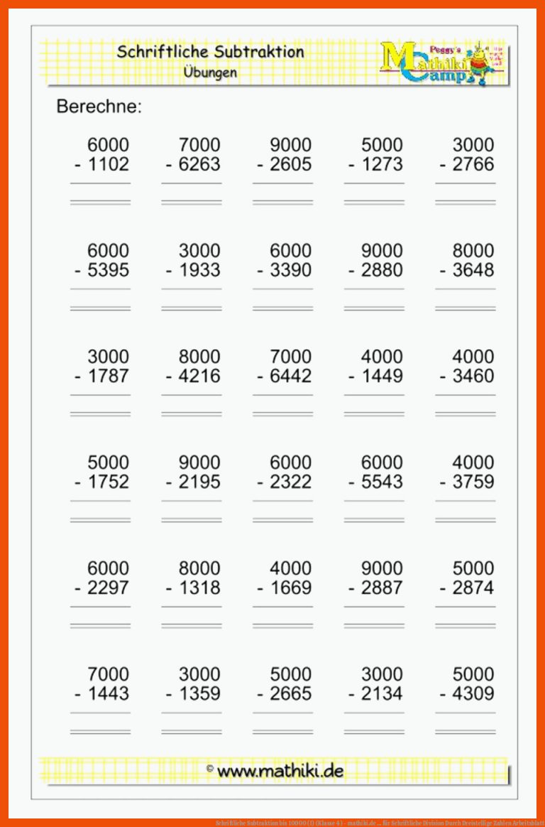 Schriftliche Subtraktion bis 10000 (I) (Klasse 4) - mathiki.de ... für schriftliche division durch dreistellige zahlen arbeitsblatt