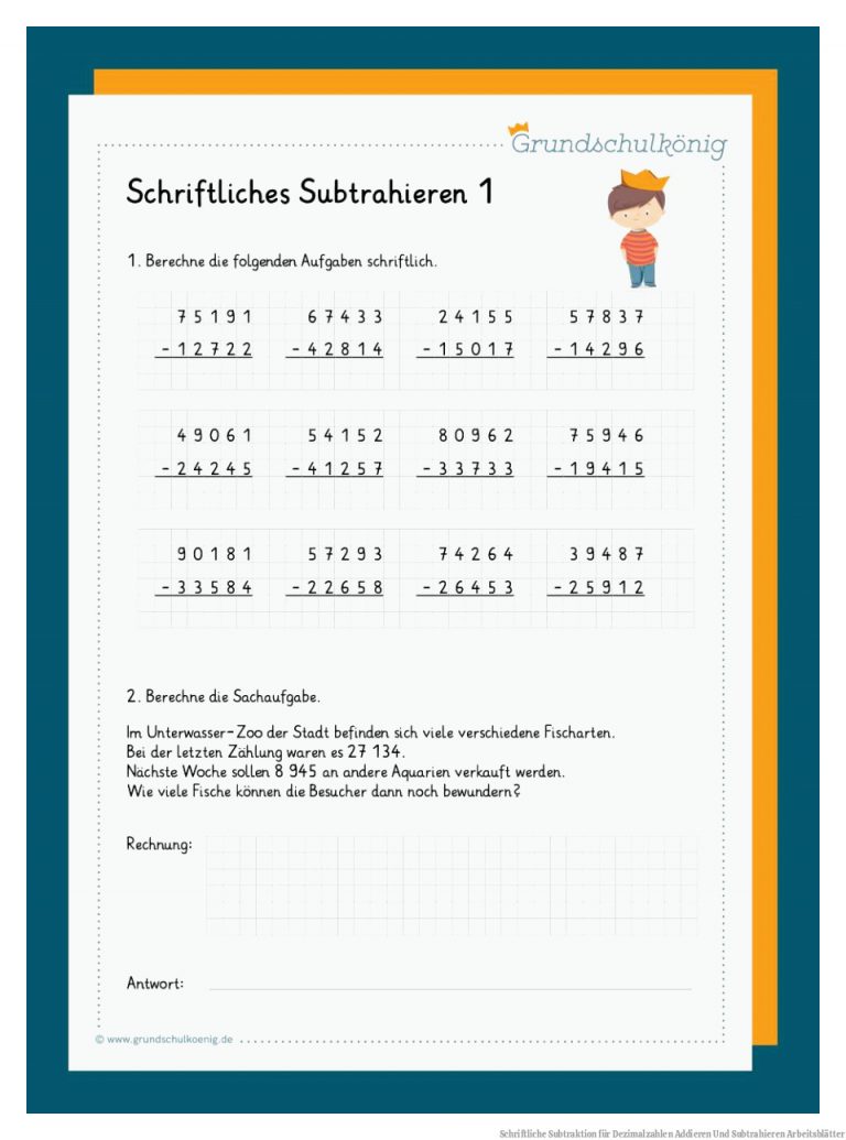 Schriftliche Subtraktion Fuer Dezimalzahlen Addieren Und Subtrahieren Arbeitsblätter