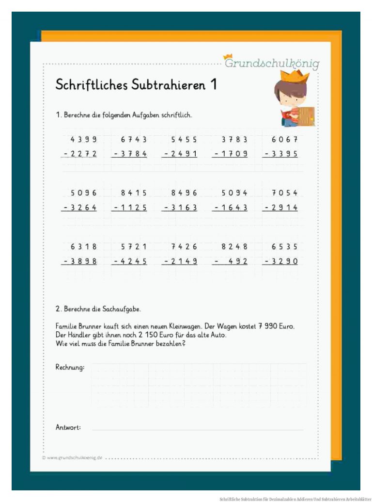 Schriftliche Subtraktion für Dezimalzahlen Addieren Und Subtrahieren Arbeitsblätter