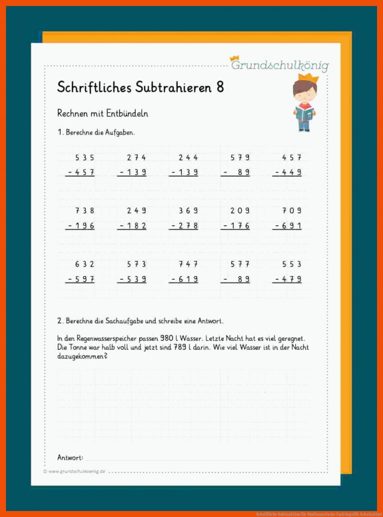Schriftliche Subtraktion für mathematische fachbegriffe arbeitsblatt