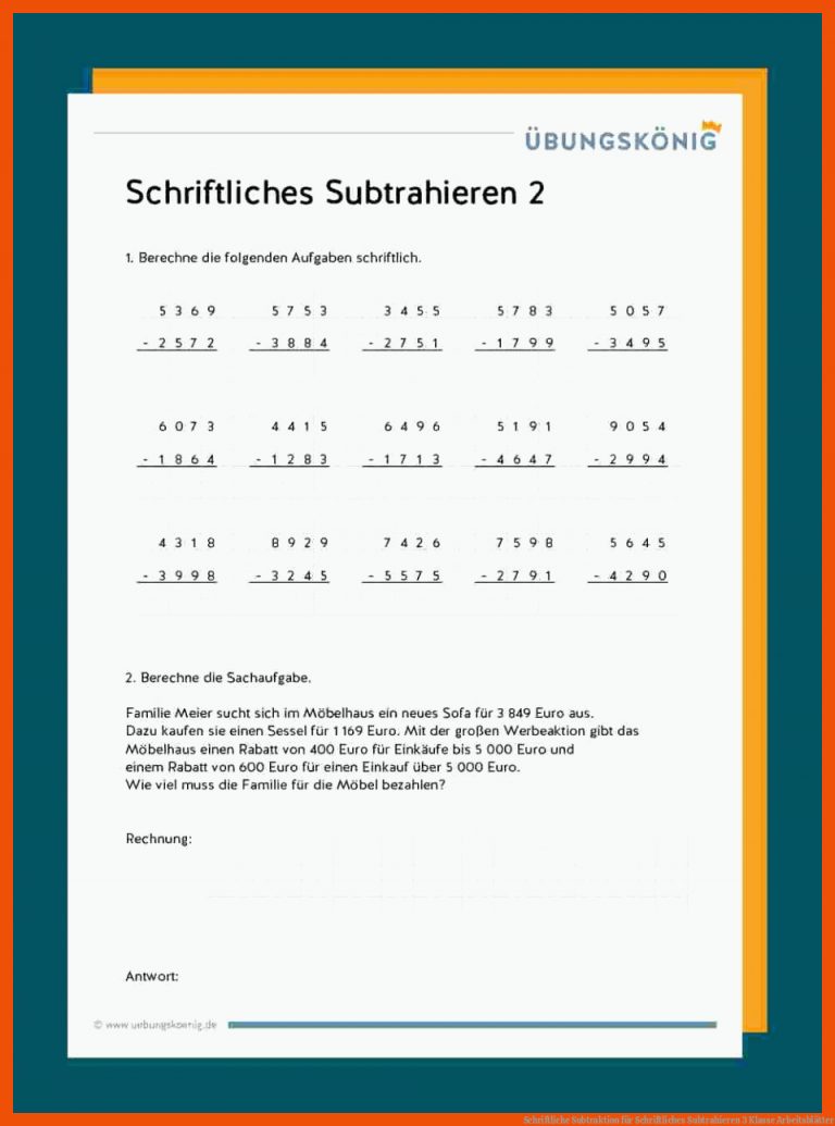 Schriftliche Subtraktion Fuer Schriftliches Subtrahieren 3 Klasse Arbeitsblätter