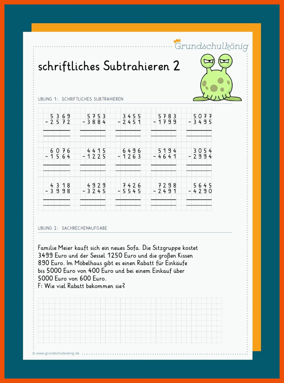 4 Schriftliche Subtraktion Arbeitsblätter 4 Klasse - Mathe Arbeitsblätter