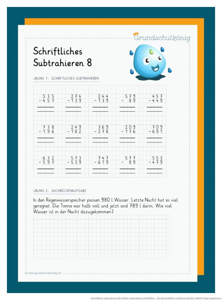 Schriftliche Subtraktion | Schriftliche subtraktion, Schriftlich ... für Arbeitsblätter Zahlenstrahl Bis 100000 Zum Ausdrucken