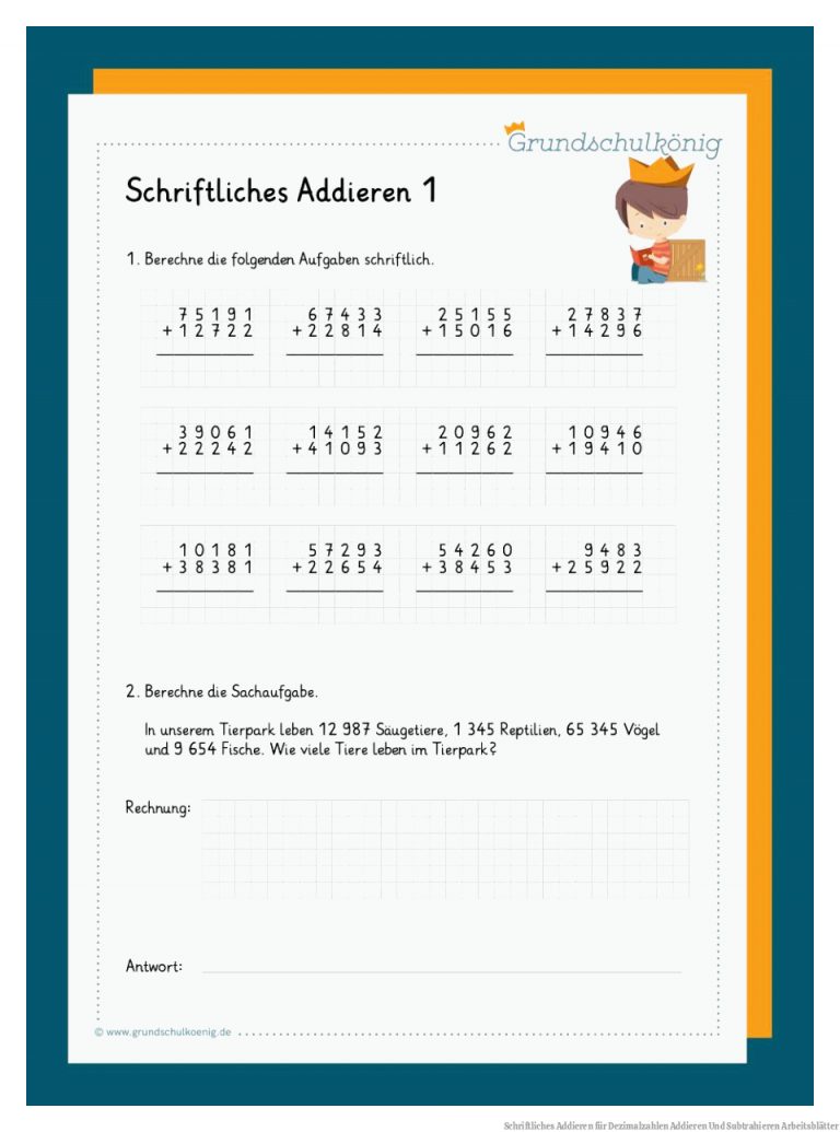 Schriftliches Addieren für Dezimalzahlen Addieren Und Subtrahieren Arbeitsblätter