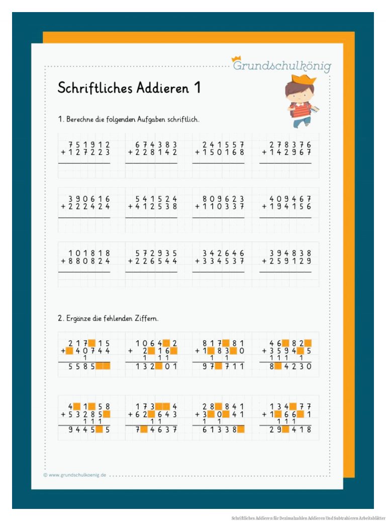 Schriftliches Addieren Fuer Dezimalzahlen Addieren Und Subtrahieren Arbeitsblätter