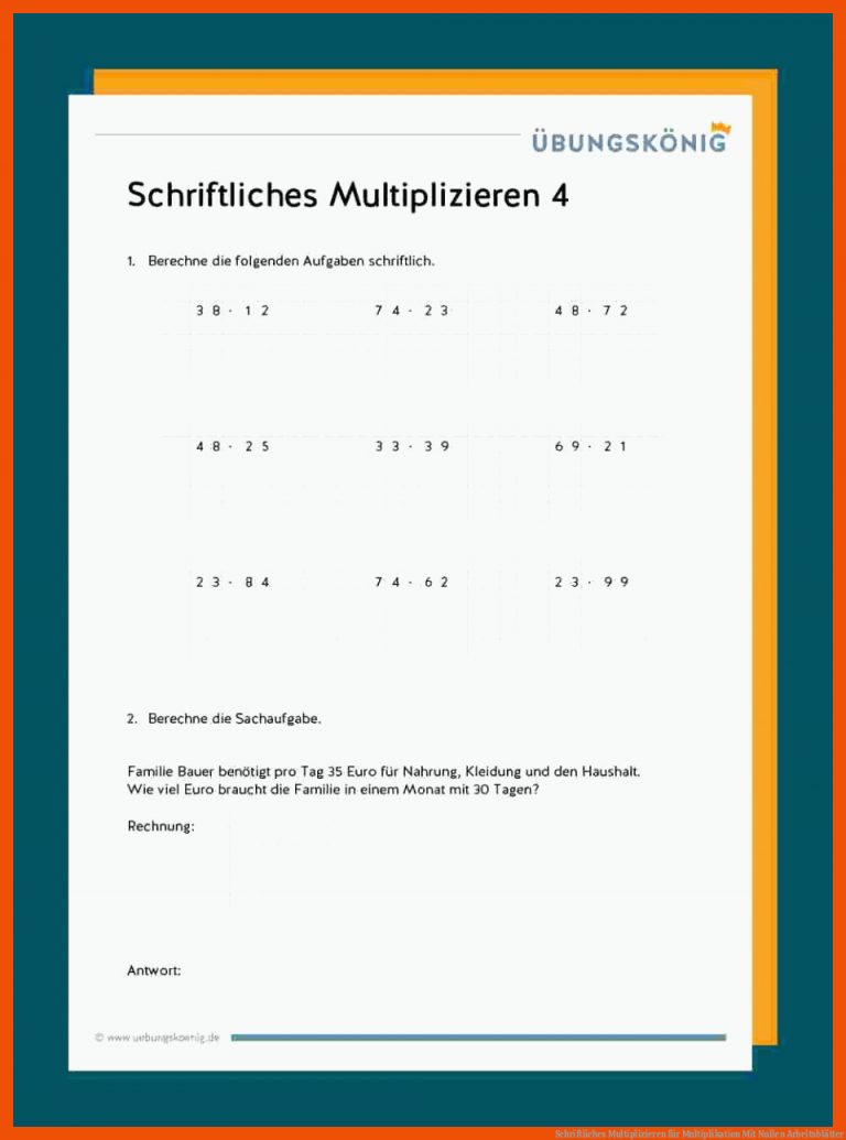 Schriftliches Multiplizieren für multiplikation mit nullen arbeitsblätter
