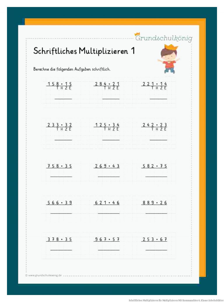 Schriftliches Multiplizieren für Multiplizieren Mit Kommazahlen 4. Klasse Arbeitsblätter