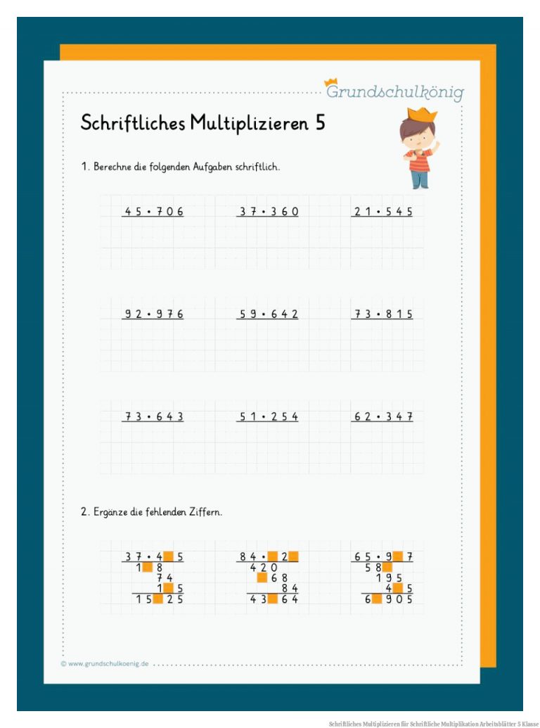 Schriftliches Multiplizieren für Schriftliche Multiplikation Arbeitsblätter 5 Klasse