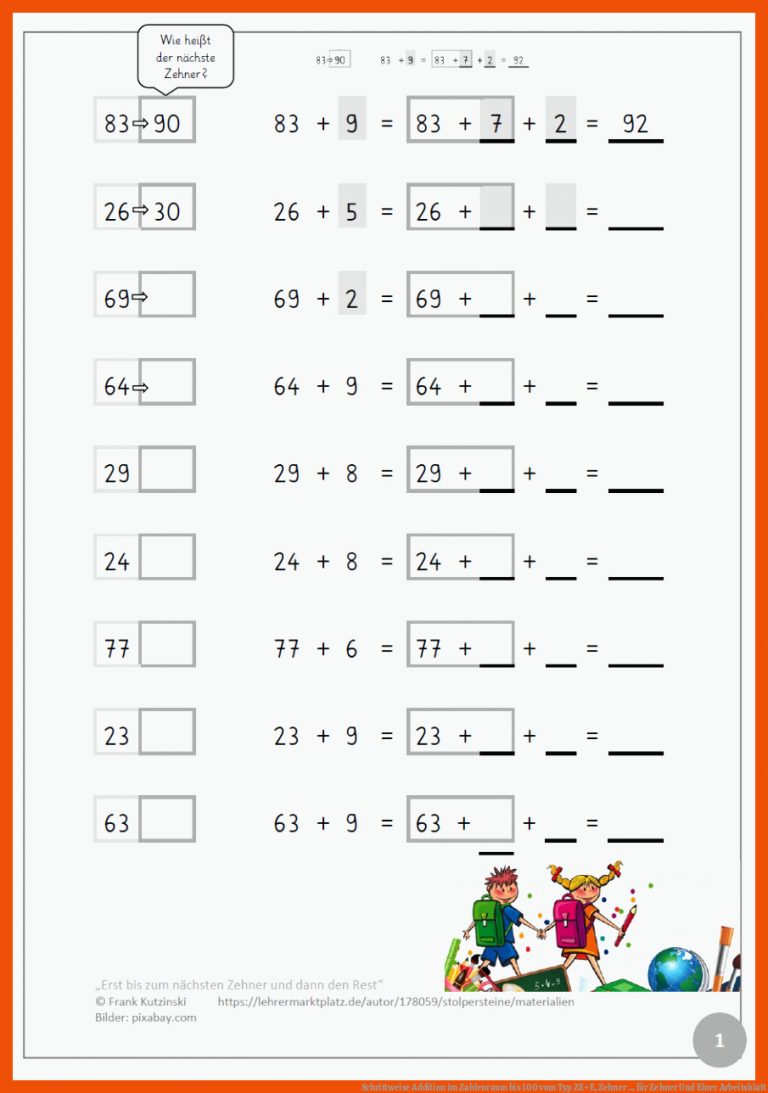 Schrittweise Addition Im Zahlenraum Bis 100 Vom Typ Zelancarrezekiqe, Zehner ... Fuer Zehner Und Einer Arbeitsblatt