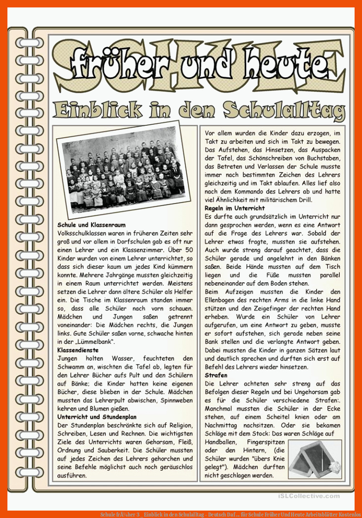 Schule frÃ¼her 3 _ Einblick in den Schulalltag - Deutsch Daf ... für schule früher und heute arbeitsblätter kostenlos