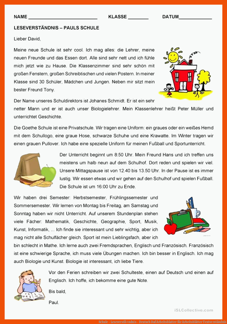 Schule - LeseverstÃ¤ndnis - Deutsch Daf Arbeitsblatter für arbeitsblätter textverständnis