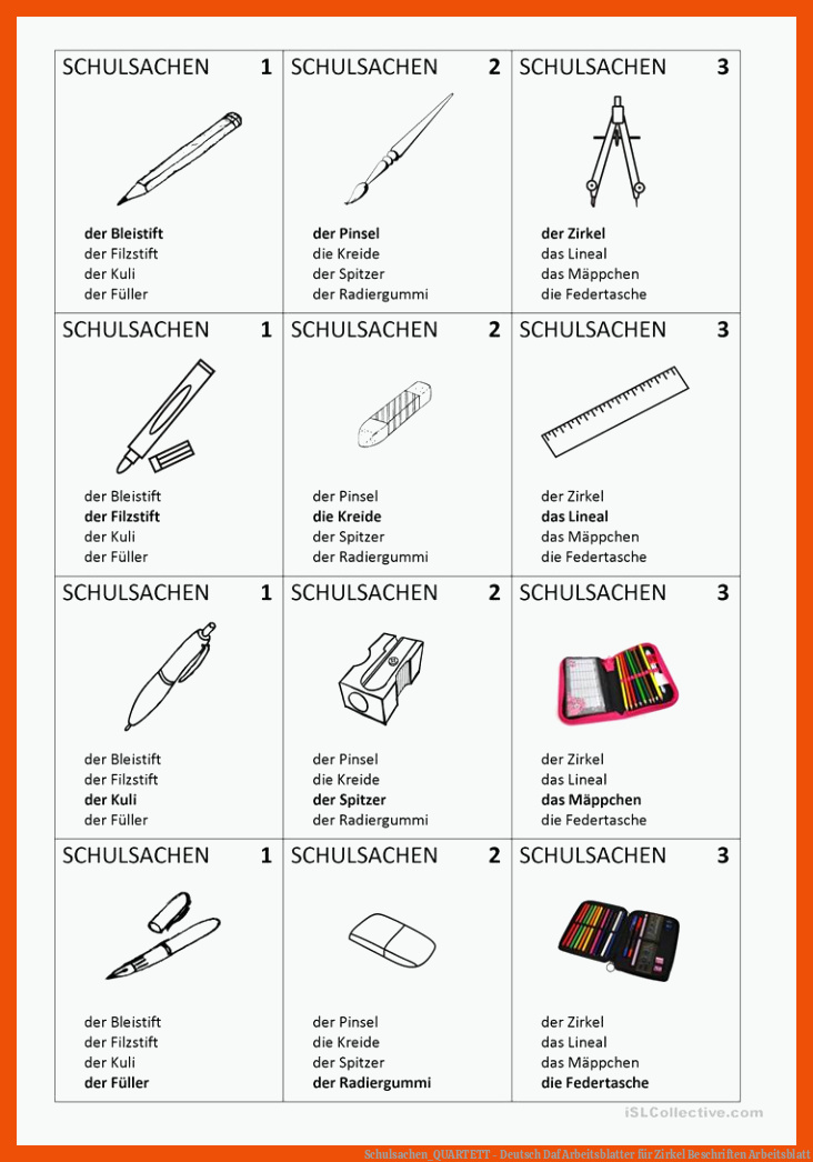 Schulsachen_QUARTETT - Deutsch Daf Arbeitsblatter für zirkel beschriften arbeitsblatt