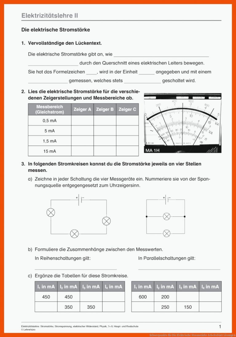 Schwerpunkte für die elektrische stromstärke arbeitsblatt lösungen