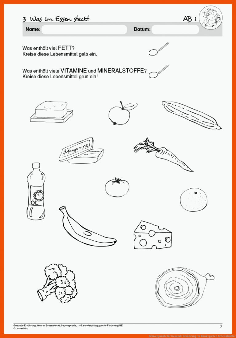 Schwerpunkte für gesunde ernährung im kindergarten arbeitsblätter