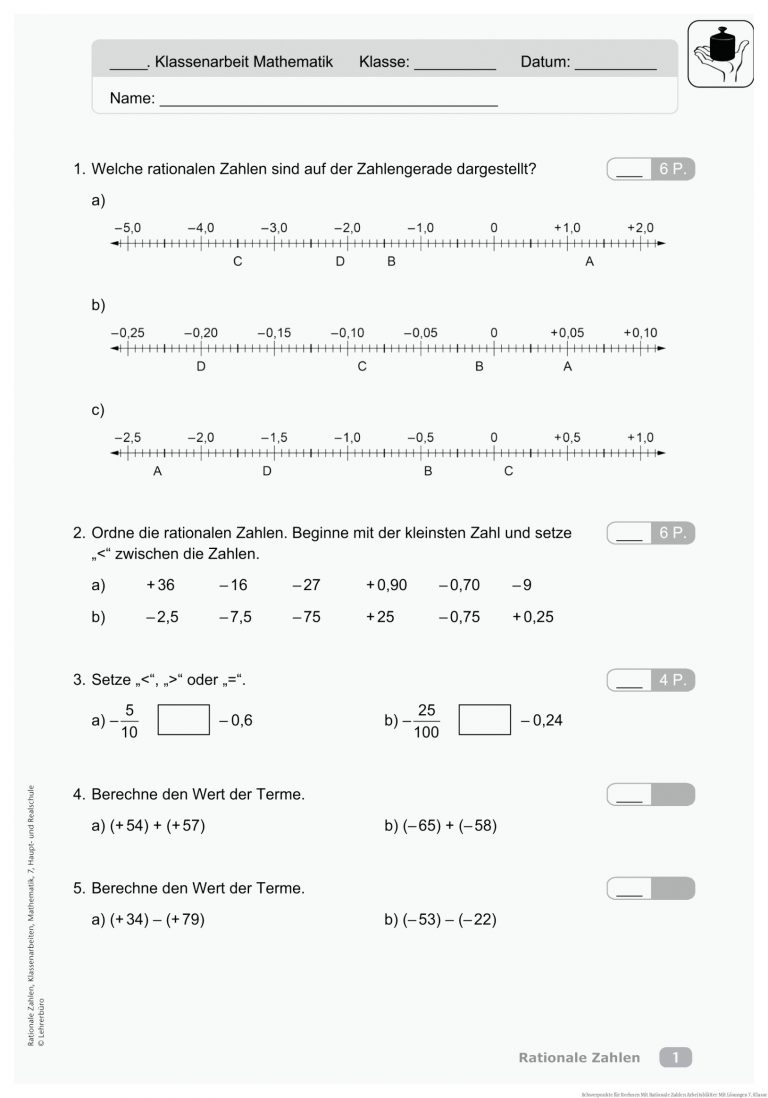 Schwerpunkte Fuer Rechnen Mit Rationale Zahlen Arbeitsblätter Mit Lösungen 7. Klasse