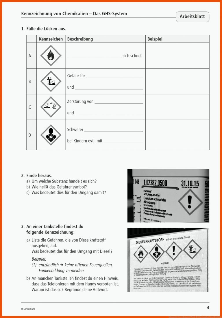 Sekundarstufe Unterrichtsmaterial Chemie für gefahrensymbole chemie arbeitsblatt