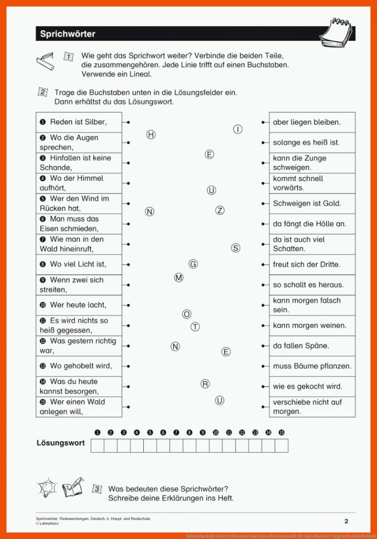 Sekundarstufe Unterrichtsmaterial Deutsch Grammatik für sprichwörter ergänzen arbeitsblatt