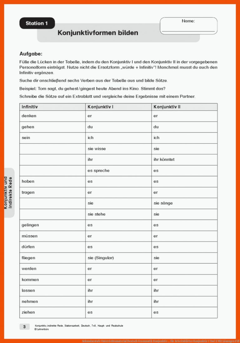 Sekundarstufe Unterrichtsmaterial Deutsch Grammatik Konjunktiv ... für arbeitsblätter konjunktiv 1 und 2 mit lösungen pdf