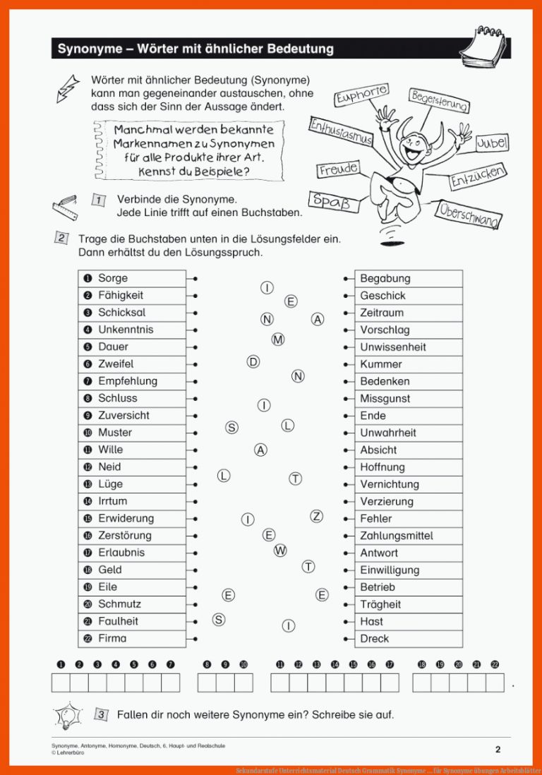 Sekundarstufe Unterrichtsmaterial Deutsch Grammatik Synonyme ... für synonyme übungen arbeitsblätter