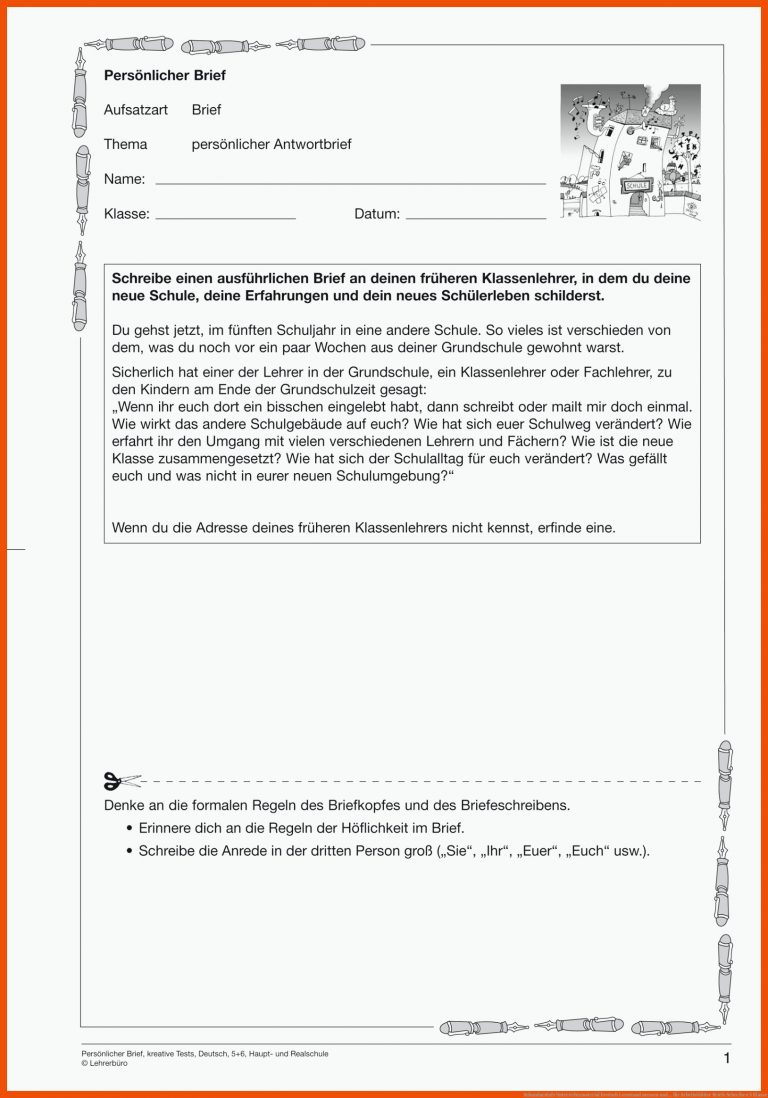 Sekundarstufe Unterrichtsmaterial Deutsch Lernstand messen und ... für arbeitsblätter briefe schreiben 5 klasse