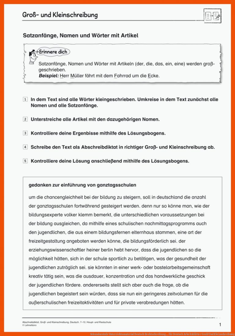 Sekundarstufe Unterrichtsmaterial Deutsch Rechtschreibung ... Fuer Deutsch Arbeitsblätter Groß Und Kleinschreibung