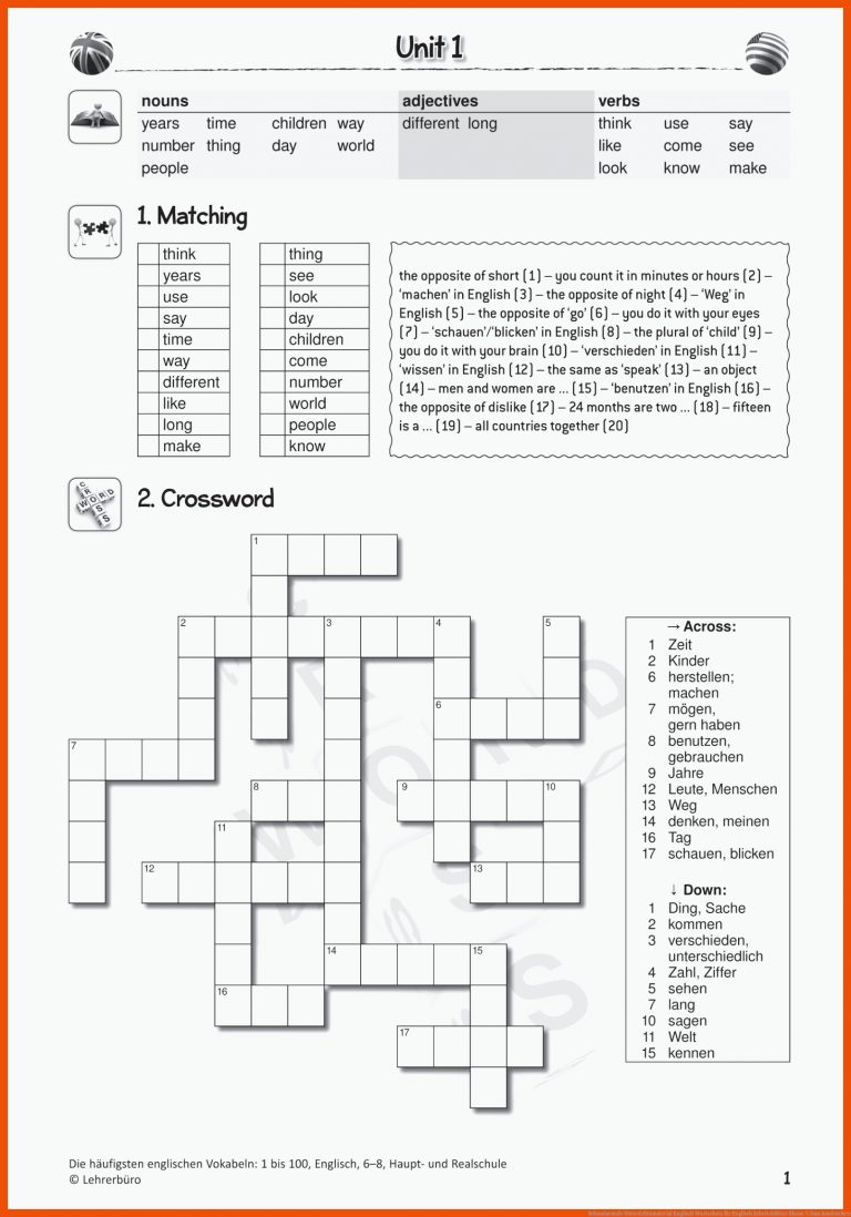 Sekundarstufe Unterrichtsmaterial Englisch Wortschatz für englisch arbeitsblätter klasse 5 zum ausdrucken
