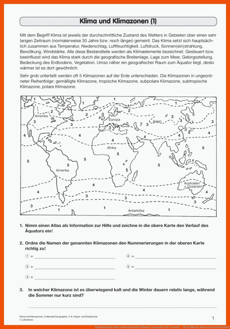 Sekundarstufe Unterrichtsmaterial Erdkunde/Geografie Erde/Umwelt ... für erdkunde klimazonen arbeitsblatt