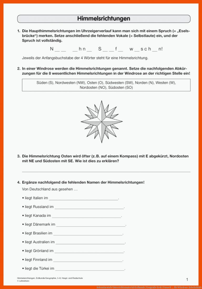 Sekundarstufe Unterrichtsmaterial Erdkunde/Geografie Erde/Umwelt ... für windrose arbeitsblatt