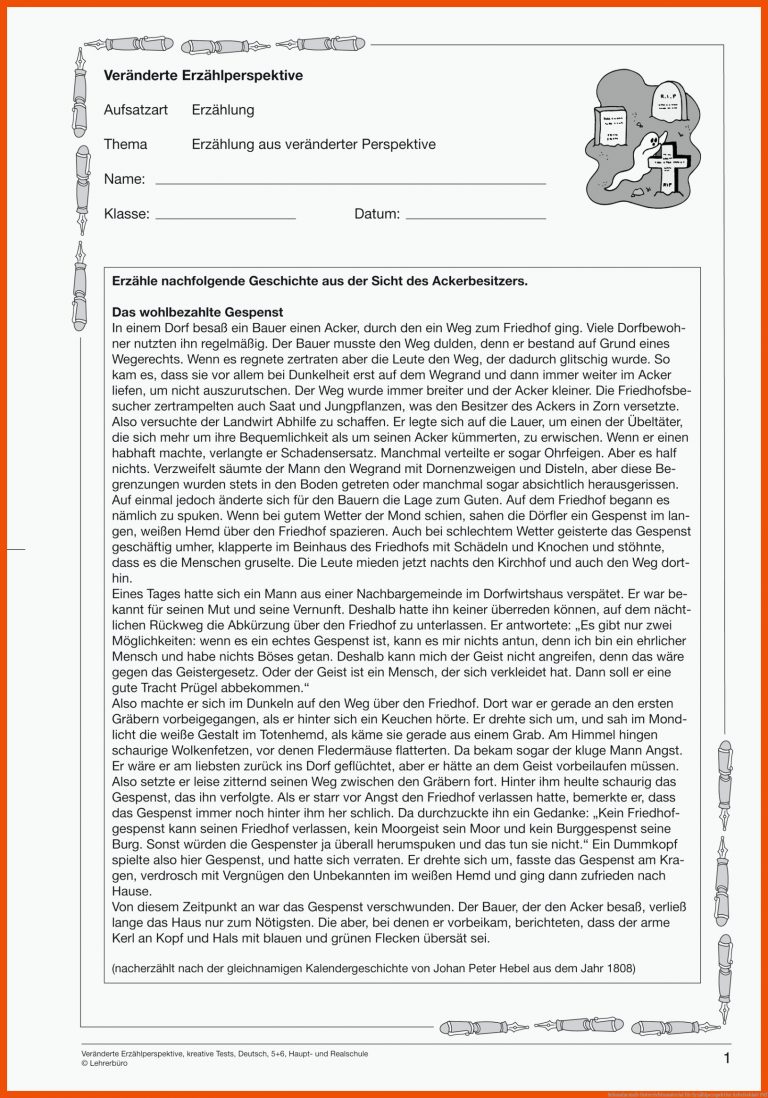 Sekundarstufe Unterrichtsmaterial für erzählperspektive arbeitsblatt pdf