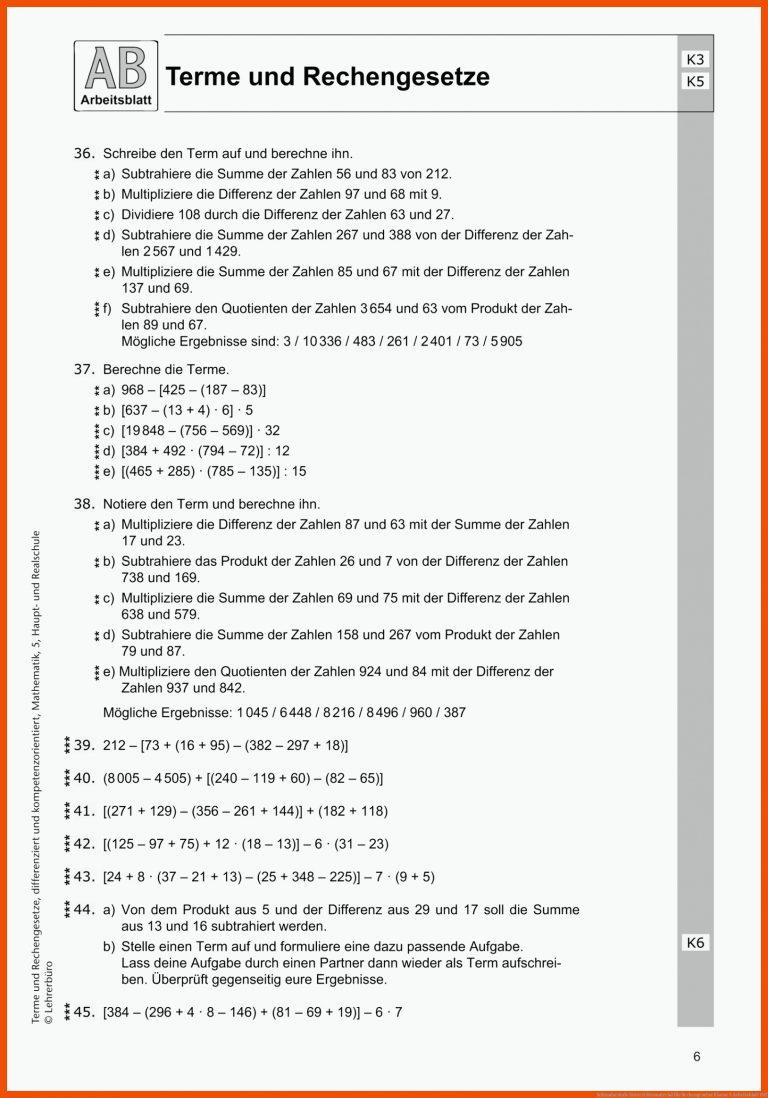 Sekundarstufe Unterrichtsmaterial für rechengesetze klasse 5 arbeitsblatt pdf
