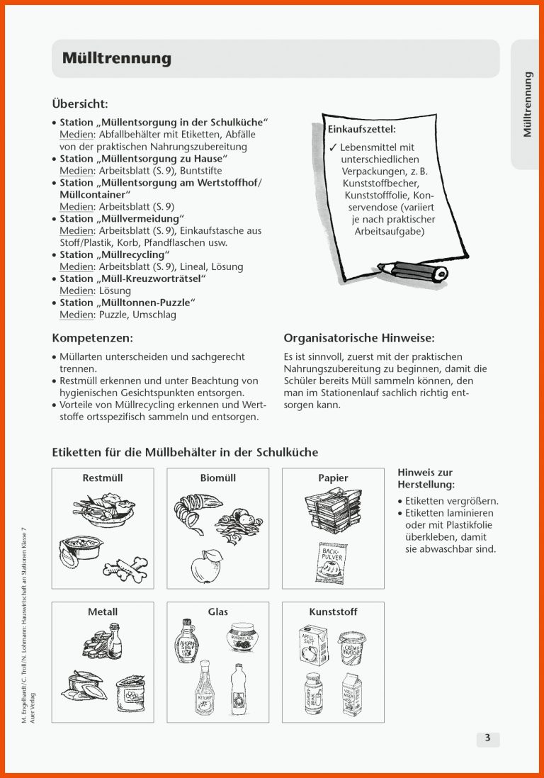 Sekundarstufe Unterrichtsmaterial Hauswirtschaft MÃ¼lltrennung ... für mülltrennung arbeitsblatt